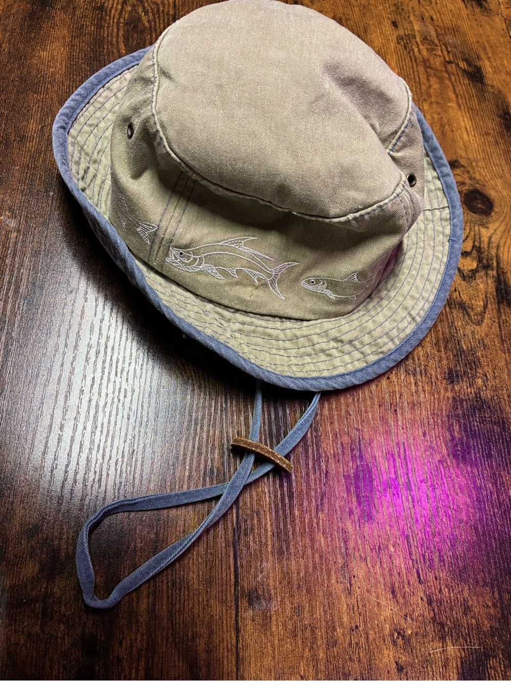 Vintage Fishing Bucket Hat in Olive Khaki with Chin Strap and Fish Embroidery